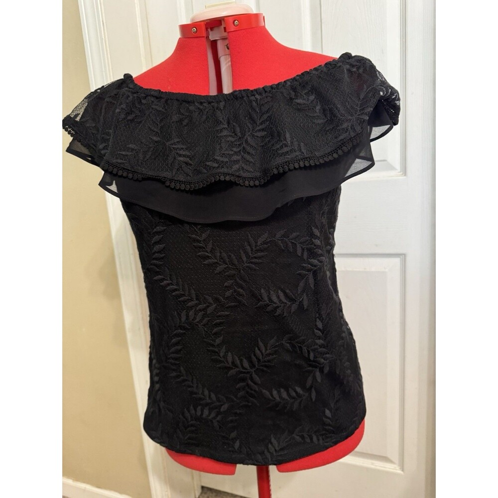 NWT White House Black Market Off Shoulder Black Lace Ruffle Top Size Large